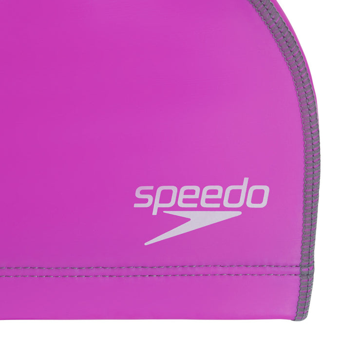 Purple Speedo Long Hair Pace Swimming Cap designed for long-haired swimmers, made of durable, smooth silicone material.