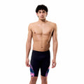 Speedo men's spliced printed jammer swimsuit with techno jungle black design, featuring vibrant pattern and sleek fit.