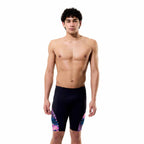 Speedo men's spliced printed jammer swimsuit with techno jungle black design, featuring vibrant pattern and sleek fit.