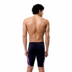 Speedo men's spliced printed jammer featuring a techno jungle black pattern, designed for competitive swimming.