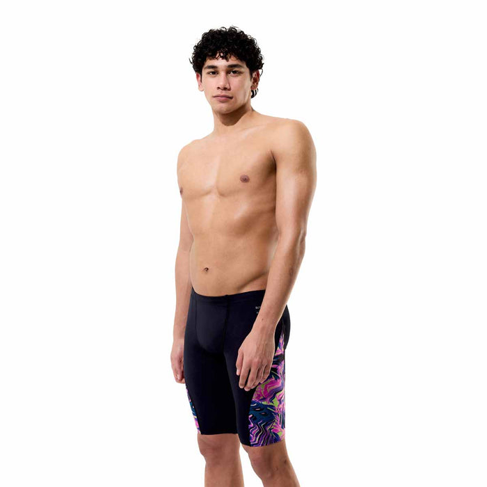 Speedo men's spliced printed jammer swimsuit with techno jungle black pattern, designed for competitive swimming.