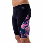 Speedo men's spliced printed jammer in Techno Jungle black with vibrant tropical pattern, designed for competitive swimming.