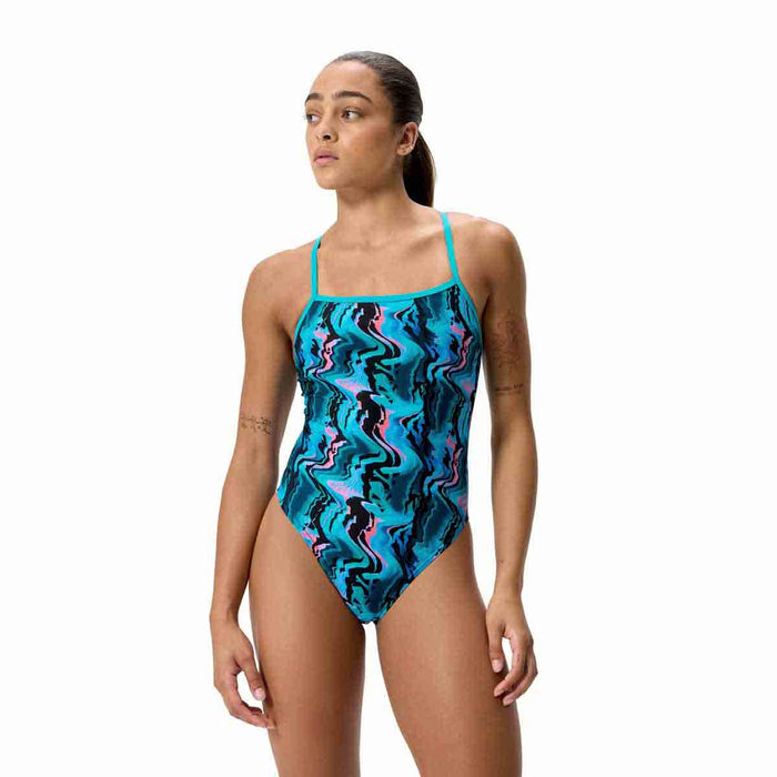 Speedo women's printed web-back swimsuit in black and multicolor with a sleek, supportive design for swimming and water activities.