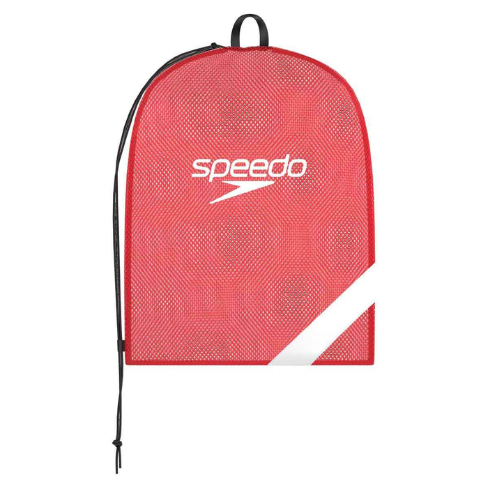 Red Speedo XL Team Mesh Bag with sturdy mesh design, ideal for swimming gear storage and transport.
