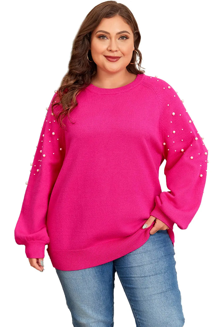 Shop Strawberry Pink Pearled Decor Raglan Sleeve Plus Size Sweater at eAura