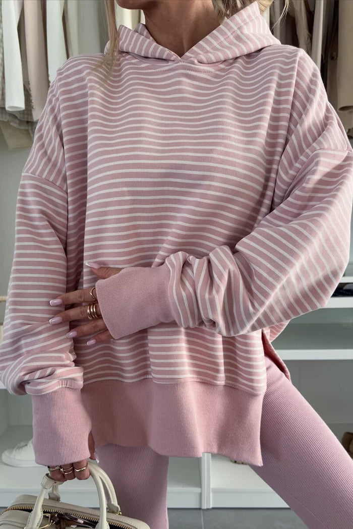 Stripe Thumbhole Side Slits Drop Shoulder Loose Fit Hoodie - Purple / S - Tops/Sweatshirts & Hoodies