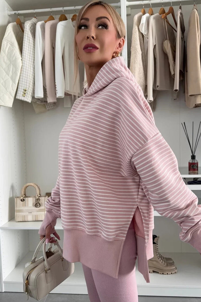 Stripe Thumbhole Side Slits Drop Shoulder Loose Fit Hoodie - Tops/Sweatshirts & Hoodies