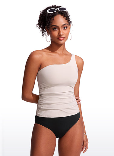CRZ YOGA women's One Shoulder Tankini Ruched Adjustable Bathing Suits Milky White