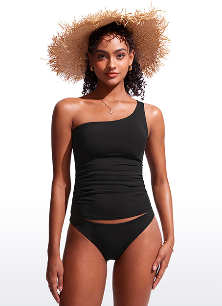 CRZ YOGA women's One Shoulder Tankini Ruched Adjustable Bathing Suits Black