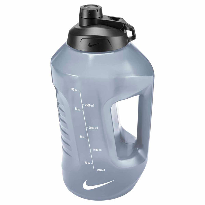 Nike Super Jug 128oz water bottle in anthracite, black, and white with a large capacity and durable design.