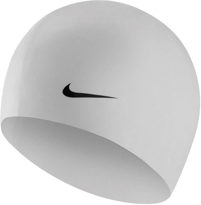 White Nike Swim Performance silicone swimming cap, smooth and snug fit, designed for competitive and recreational swimming.