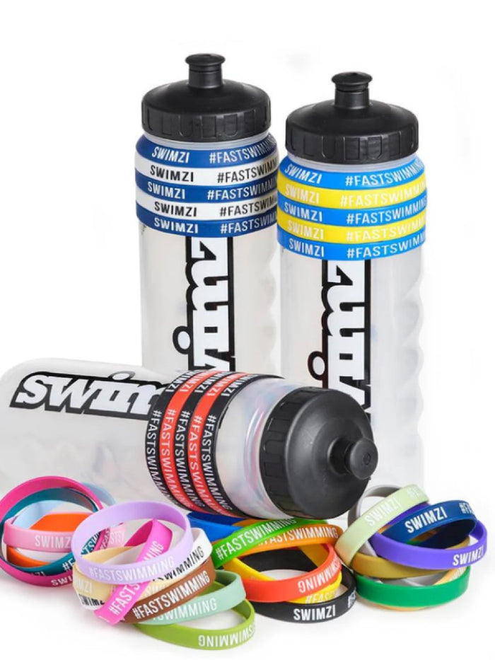 Swimzi Build-A-Bottle 1L bundle featuring customizable swim bottle with multiple components and accessories for swimming.