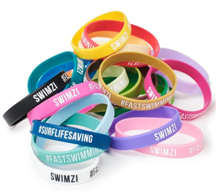 Swimzi Build-A-Bottle 1L bundle showing multiple colorful silicone bands and bottles for customizable hydration.