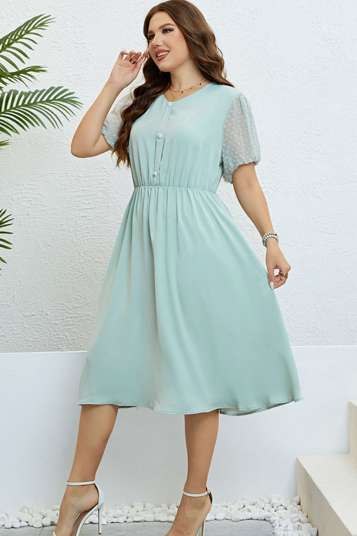 Swiss Dot Mesh Sleeve Buttoned Dress - Madikfashions.com