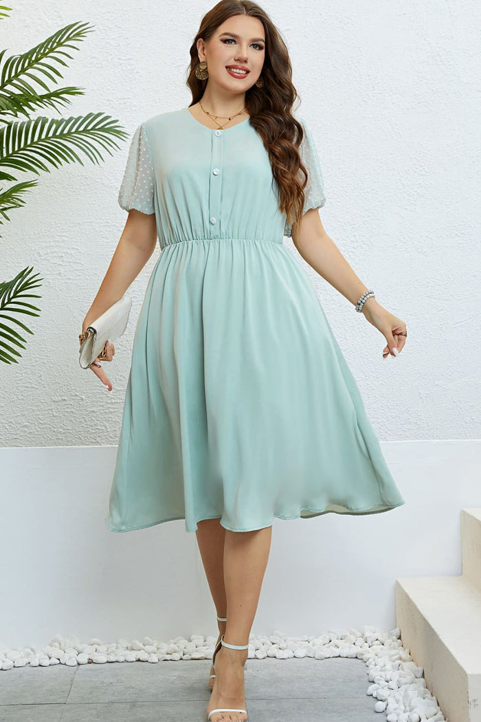 Swiss Dot Mesh Sleeve Buttoned Dress - Madikfashions.com