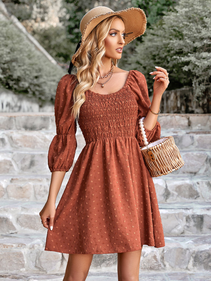 Swiss Dot Smocked Scoop Neck Dress - Madikfashions.com