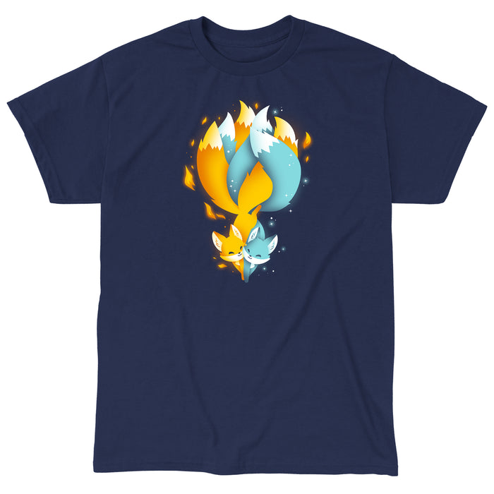 Classic Cotton T-shirt_TeeTurtle Tails of Fire and Ice navy blue apparel featuring an orange and blue kitsune with their tails interlocked with flames and ice sparkles surrounding them.