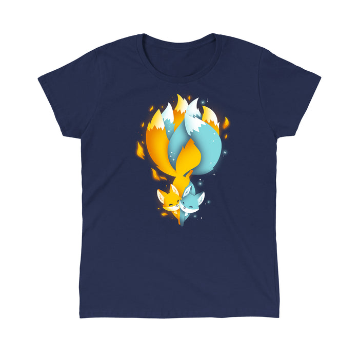 Classic Cotton T-shirt_TeeTurtle Tails of Fire and Ice navy blue apparel featuring an orange and blue kitsune with their tails interlocked with flames and ice sparkles surrounding them.