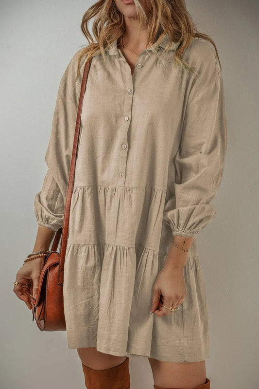 Tan Puff Sleeve Buttoned Tiered Pleated Shirt Mini Dress - TAN / S / 92% VISCOSE + 8% LINEN - Dresses/Mini Dresses