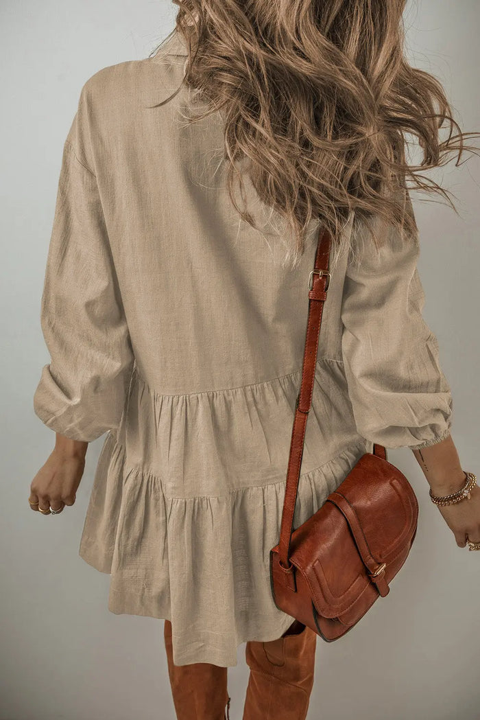 Tan Puff Sleeve Buttoned Tiered Pleated Shirt Mini Dress - Dresses/Mini Dresses