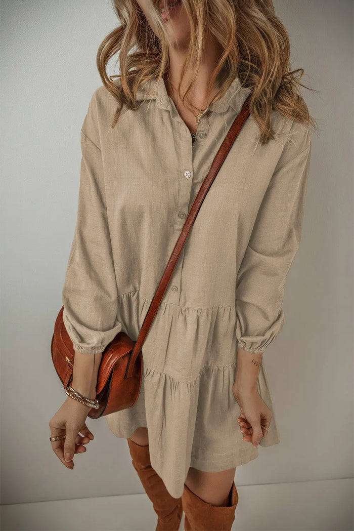 Tan Puff Sleeve Buttoned Tiered Pleated Shirt Mini Dress - Dresses/Mini Dresses