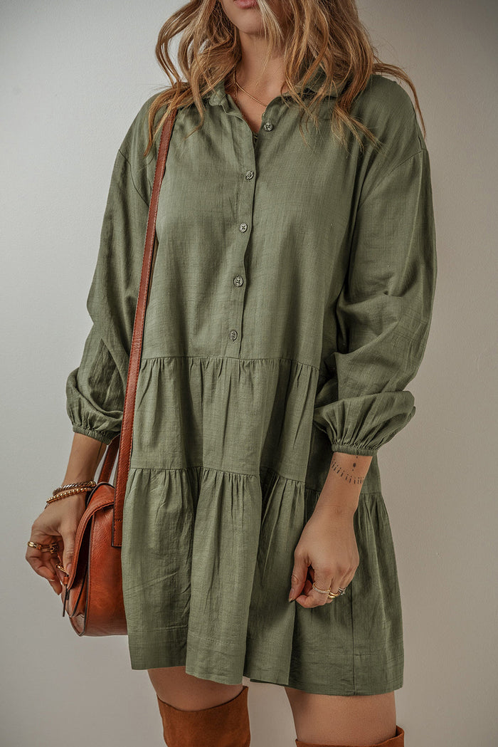 Tan Puff Sleeve Buttoned Tiered Pleated Shirt Mini Dress - JUNGLE GREEN / S / 92% VISCOSE + 8% LINEN - Dresses/Mini