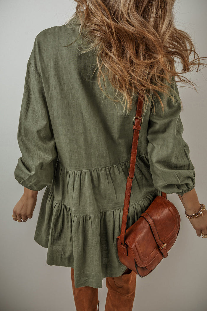 Tan Puff Sleeve Buttoned Tiered Pleated Shirt Mini Dress - Dresses/Mini Dresses