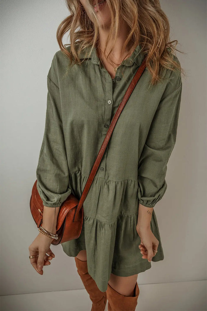 Tan Puff Sleeve Buttoned Tiered Pleated Shirt Mini Dress - Dresses/Mini Dresses