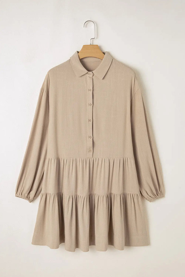 Tan Puff Sleeve Buttoned Tiered Pleated Shirt Mini Dress - Dresses/Mini Dresses