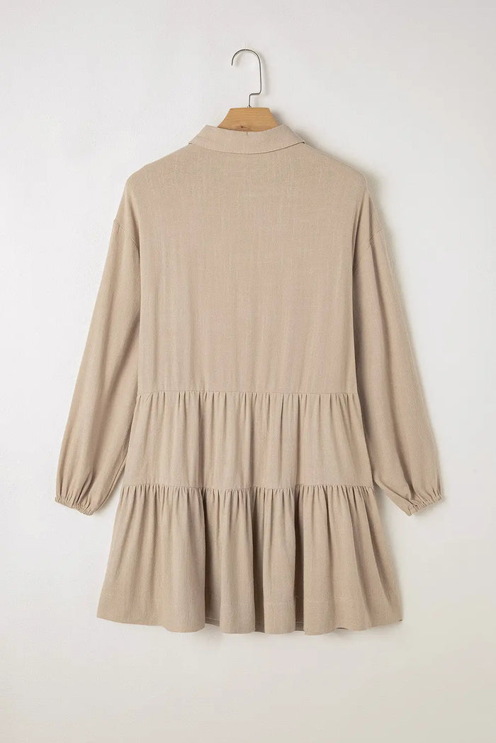 Tan Puff Sleeve Buttoned Tiered Pleated Shirt Mini Dress - Dresses/Mini Dresses