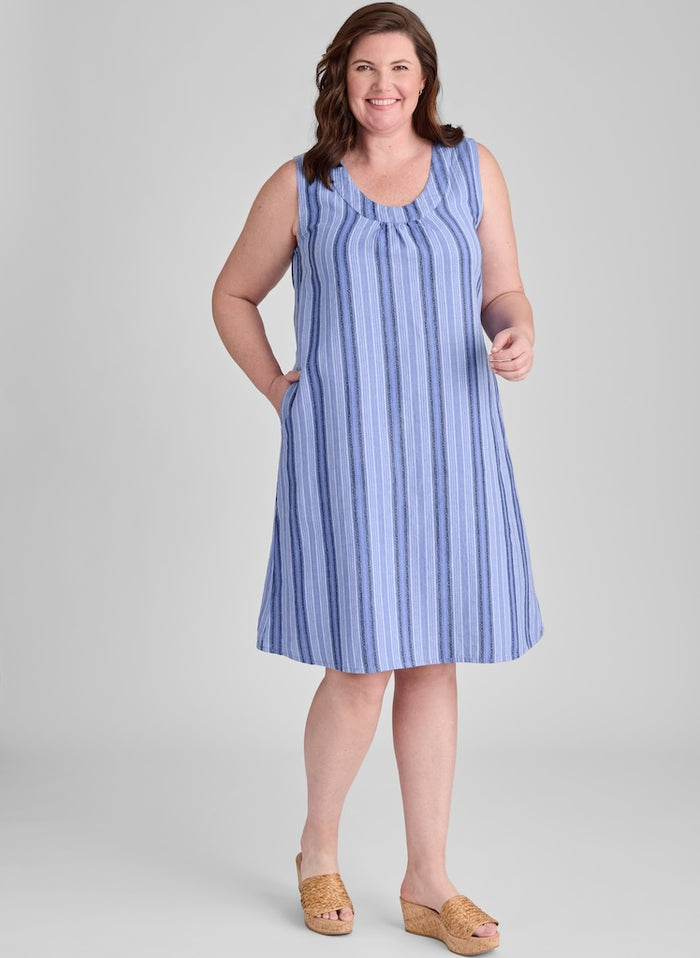 Tao Dress, shown in Sky Stripe, size Medium on 5'9" model.  100% European Linen, Pre-shrunk.