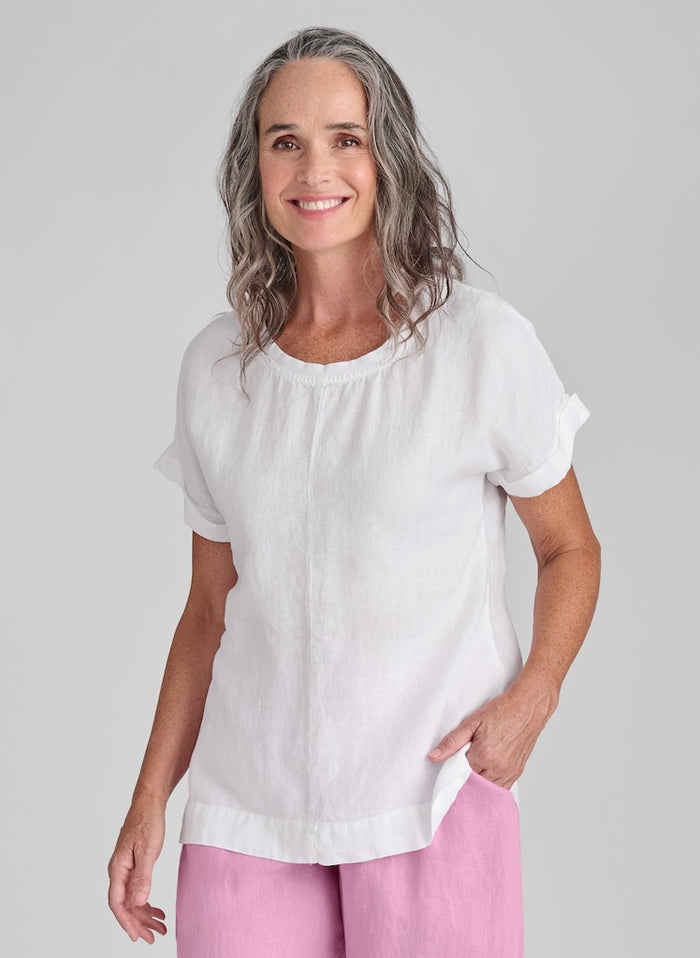Tee Top, shown in White, size Small.  100% European Linen, with cotton knit trim.