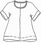 Tee Top (detailed sketch), features center seam detail, wide hem along bottom, cuffed short sleeves.  100% Linen body, with cotton knit trim on the neckline.