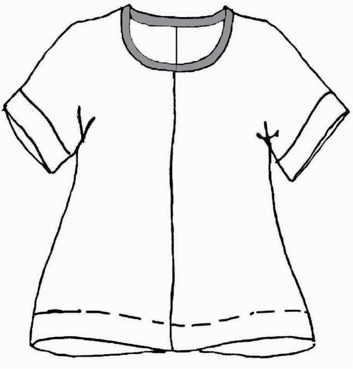Tee Top (detailed sketch), features center seam detail, wide hem along bottom, cuffed short sleeves.  100% Linen body, with cotton knit trim on the neckline.