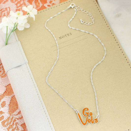 Tennessee "Go Vols" Orange Glitter Script Necklace – Officially Licensed Silver Rope Chain