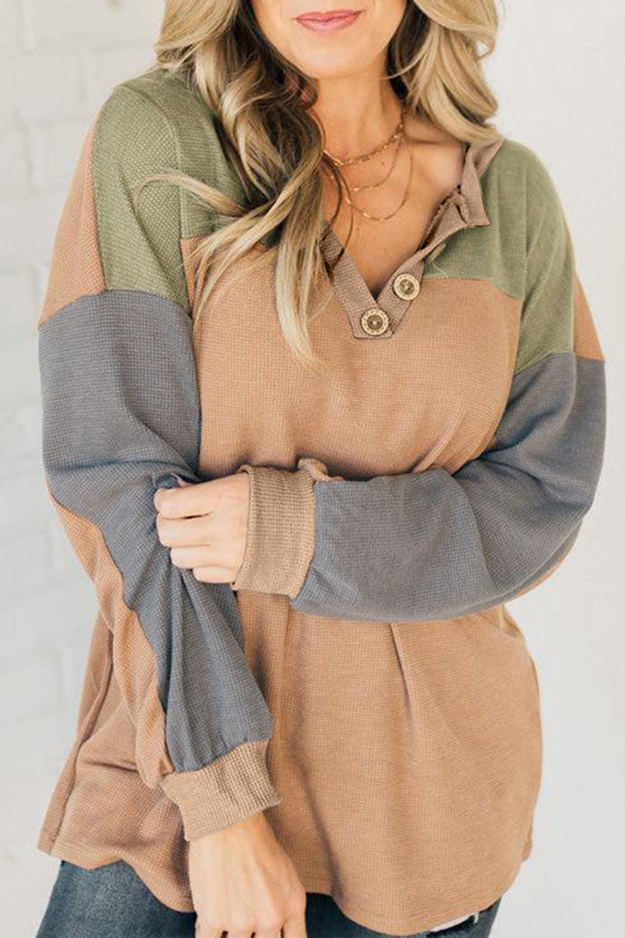 Textured Drop Shoulder Henley Top - Multi / S - Tops/Long Sleeve Tops
