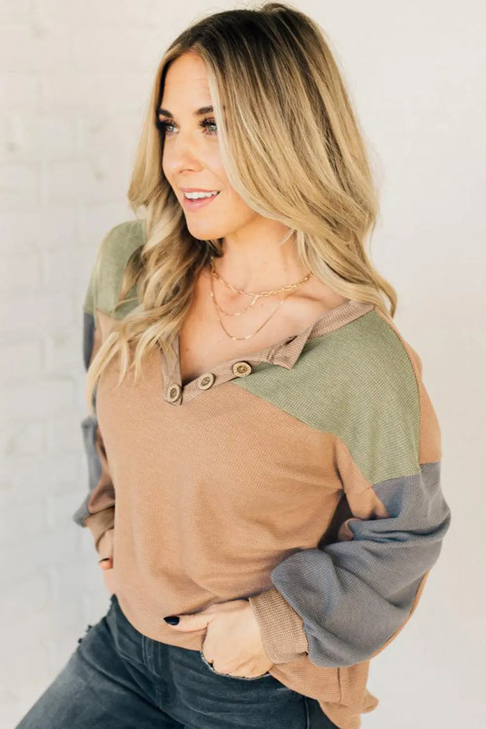 Textured Drop Shoulder Henley Top - Tops/Long Sleeve Tops