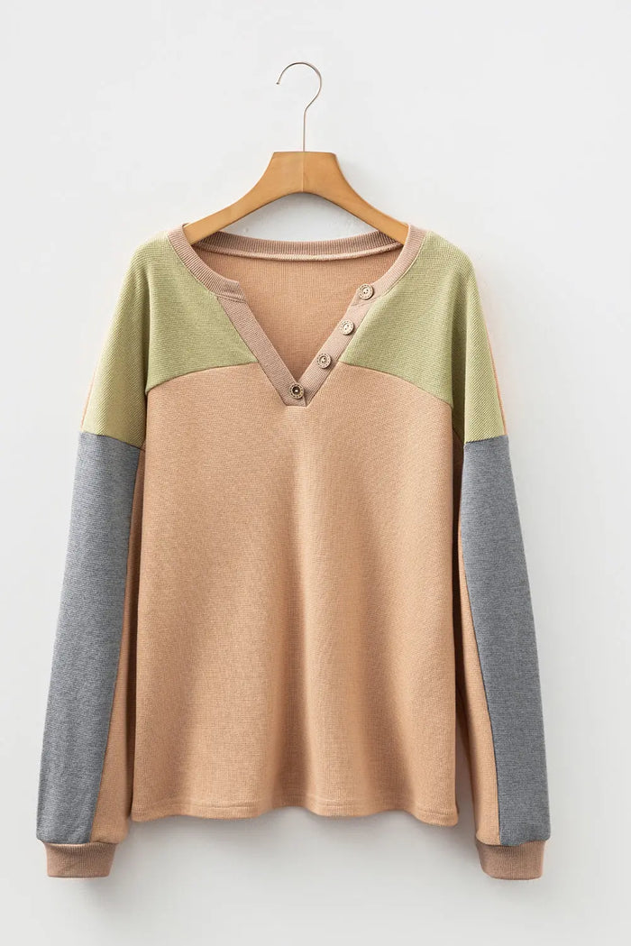 Textured Drop Shoulder Henley Top - Tops/Long Sleeve Tops