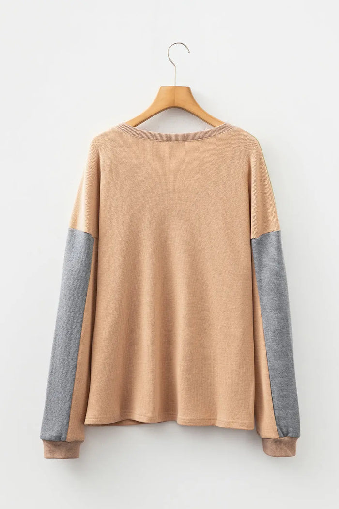 Textured Drop Shoulder Henley Top - Tops/Long Sleeve Tops
