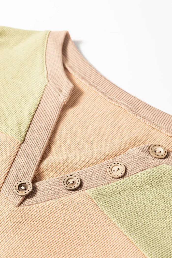 Textured Drop Shoulder Henley Top - Tops/Long Sleeve Tops