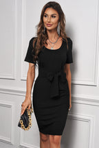Tied Short Sleeve Scoop Neck T-Shirt Dress - Madikfashions.com