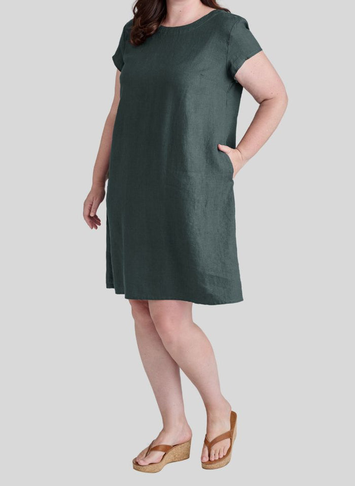 Tuck Back Dress, shown in Petrol, size Medium on 5'9" model.  100% European Linen.