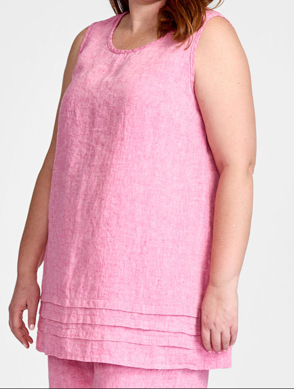 Tuck Tunic, shown in Magenta Yarn Dye.  100% Yarn Dyed Linen.  Model is 5'9" tall, wearing size Medium.