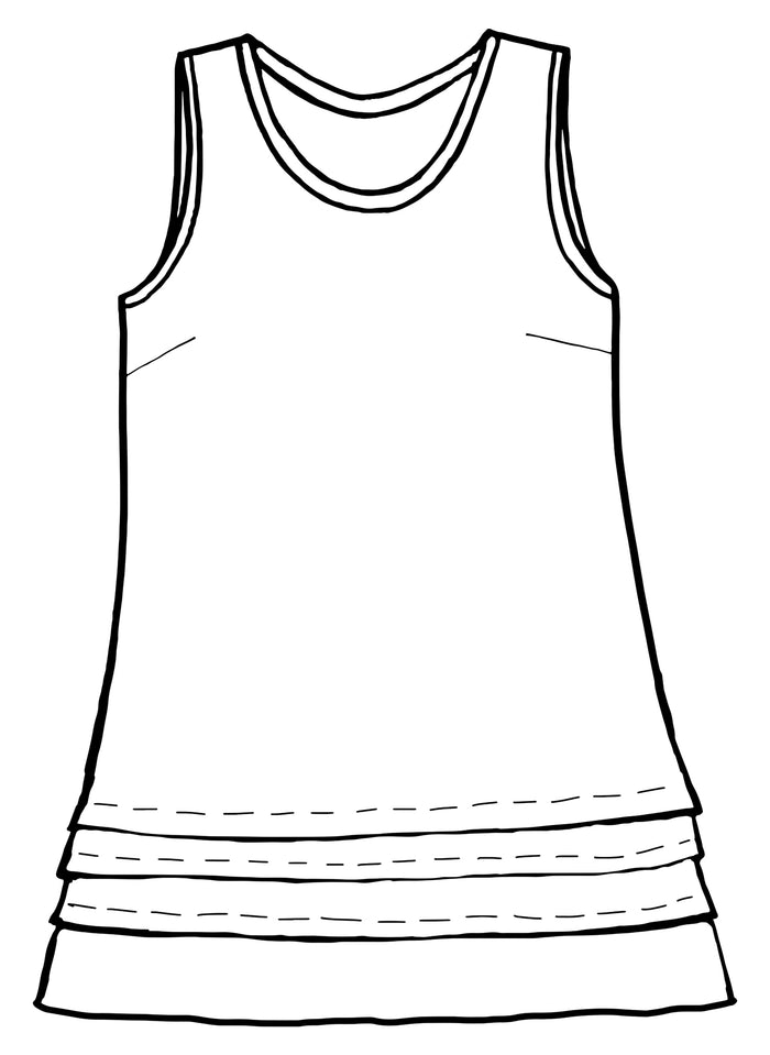 Tuck Tunic, detailed sketch shown.  A sleeveless tunic, with a round neckline, bust darts for shaping, featuring a series of 3 pintucks along the hemline.  100% Linen..
