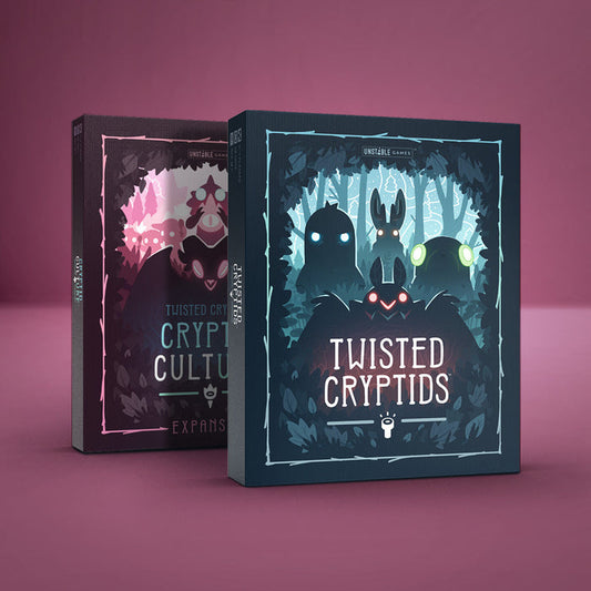 Two board game boxes from Unstable Games are shown: the "Twisted Cryptids: Base Game + Cryptid Culture Expansion Bundle" is in front, featuring forest and monster artwork, with the expansion partially visible behind it.