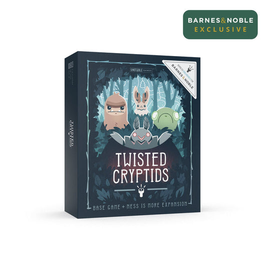 Barnes & Noble exclusive: "Twisted Cryptids: Base Game & Ness Is More Expansion Kit" by Unstable Games, featuring three cartoon cryptids on the cover.
