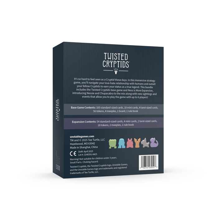 Back of the Twisted Cryptids: Base Game & Ness Is More Expansion Kit box by Unstable Games, showing contents with icons. This Barnes & Noble exclusive lets you strategize with unique creatures and new expansion challenges.