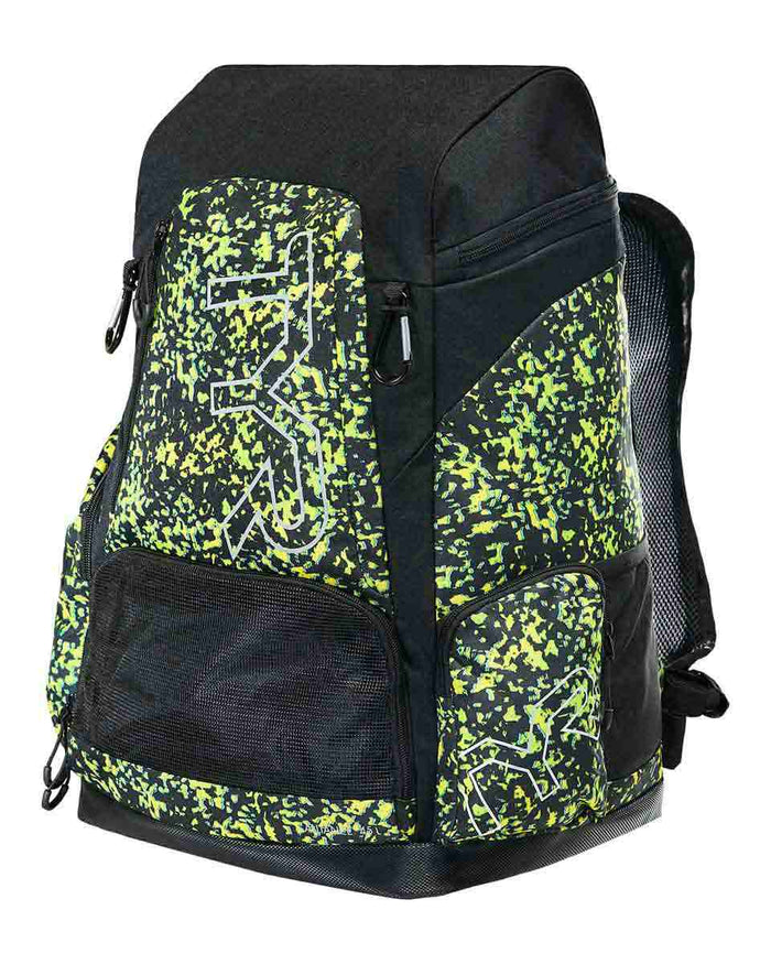 TYR Alliance 45L Ruis Printed Backpack in Limelight with adjustable straps and spacious main compartment, showcasing colorful design.