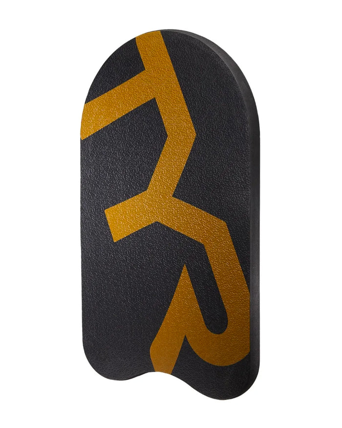 Black and gold TYR Classic Kickboard for swimming training, featuring a sturdy foam design and ergonomic grip.