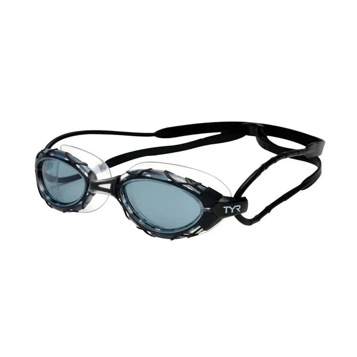 TYR Nest Pro Swim Goggles in Smoke with adjustable straps and clear lenses, designed for comfortable swimming and eye protection.